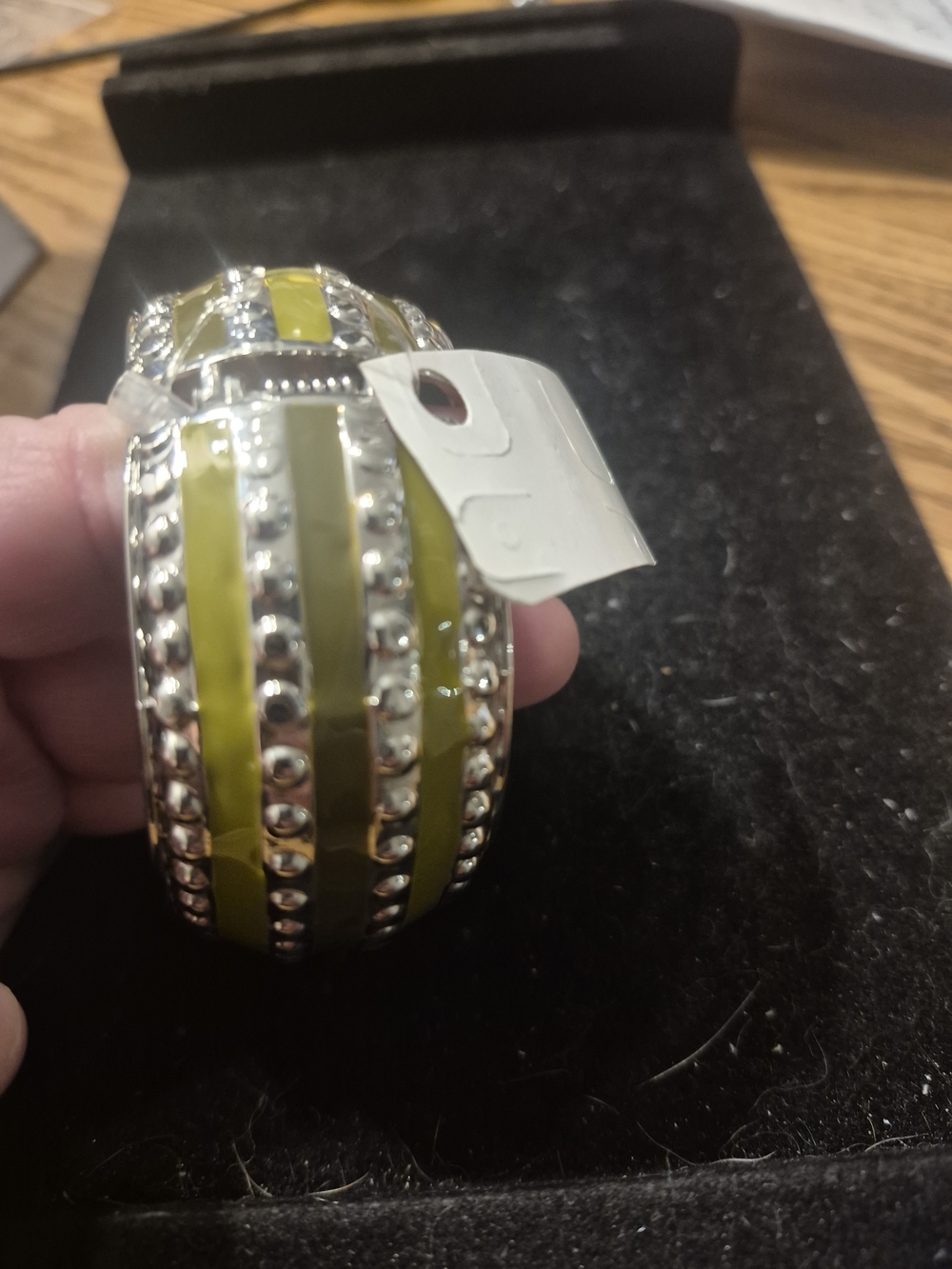 Contemporary Silver-Tone Bracelet with Olive Green Stripes